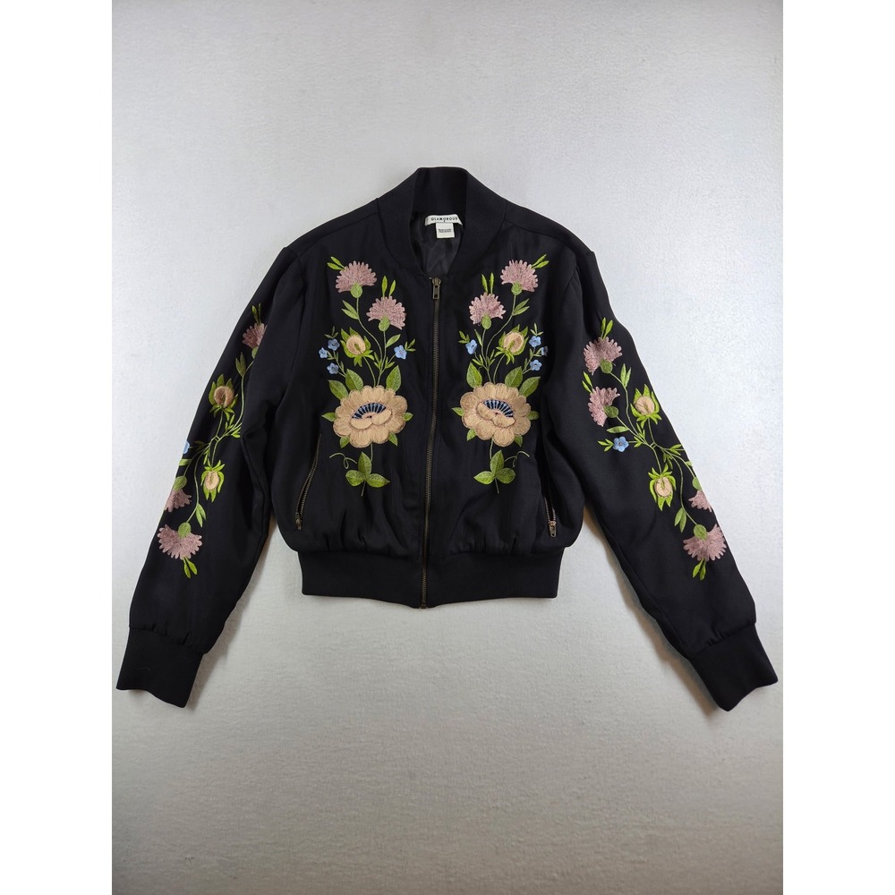 Glamorous Black Floral Embroidered Bomber Jacket Full Zip Small Boho RN145025